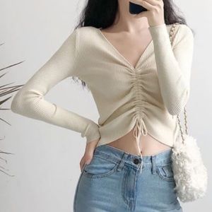 Almond Drawstring V-neck cropped top